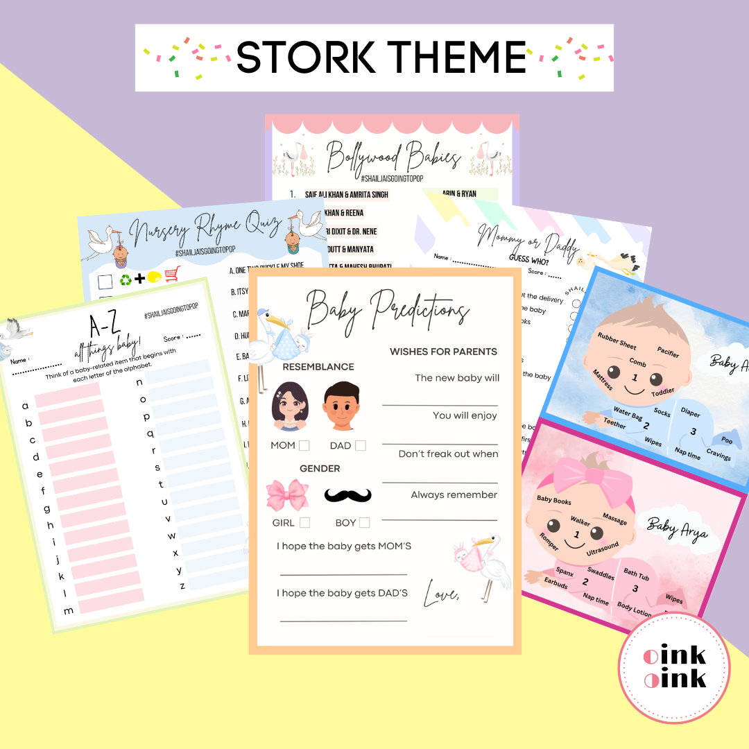 Stork Theme Baby Shower Games Bundle (Pack Of 6 Games)