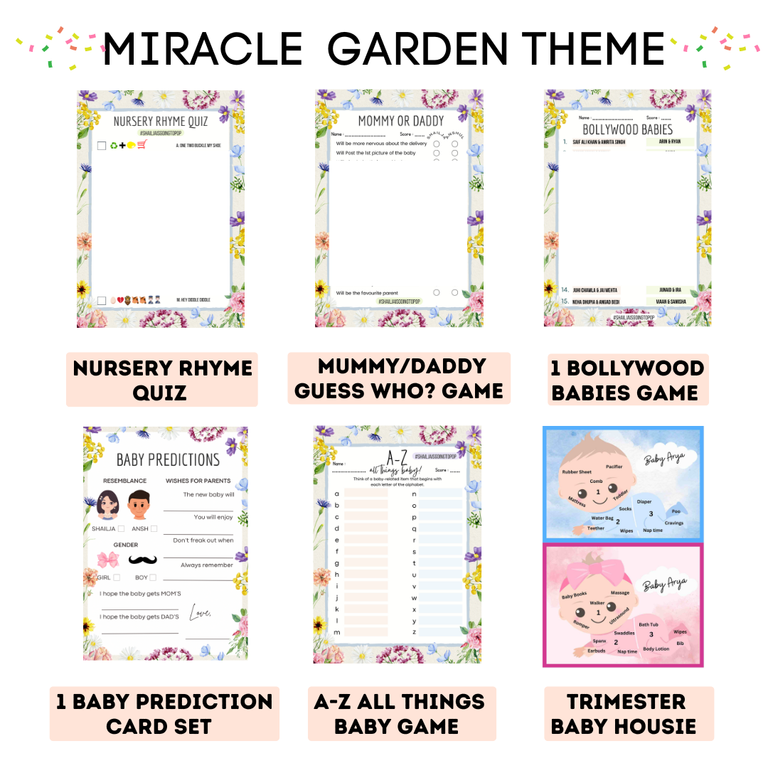 Miracle Garden Theme Baby Shower Games Bundle (Pack Of 6 Games)