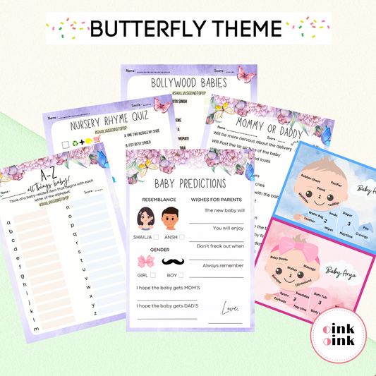 Butterfly Theme Baby Shower Games Bundle (Pack Of 6 Games)