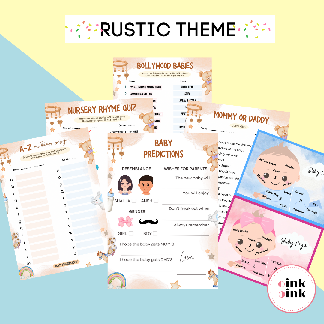 Rustic Baby Nursery Theme Baby Shower Games Bundle (Pack Of 6 Games)