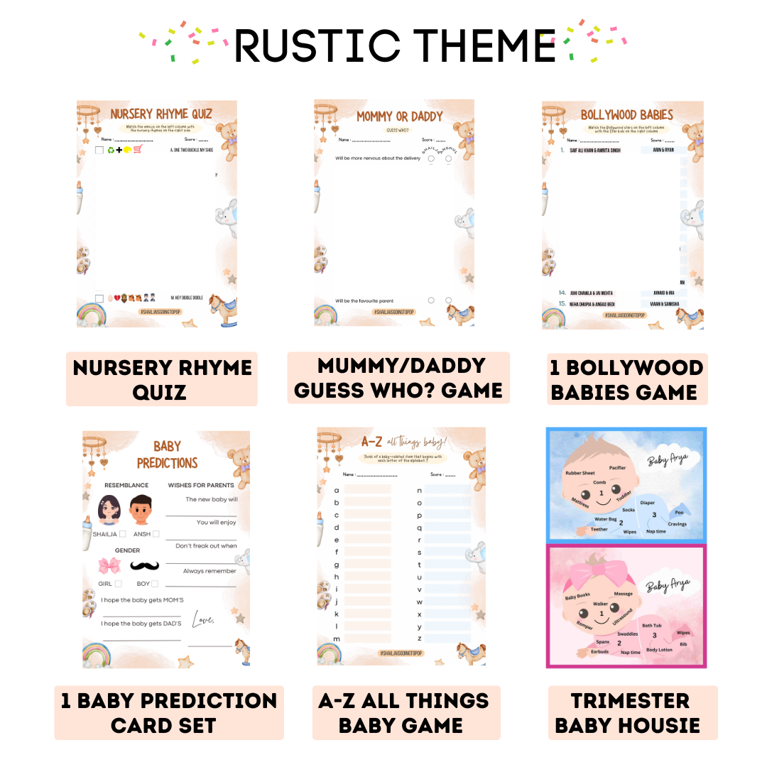 Rustic Baby Nursery Theme Baby Shower Games Bundle (Pack Of 6 Games)