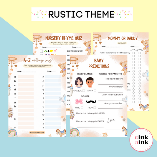 Rustic Baby Nursery Theme Baby Shower Games Bundle (Pack Of 4 Games)