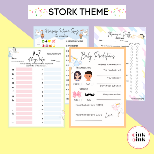 Stork Theme Baby Shower Games Bundle (Pack Of 4 Games)